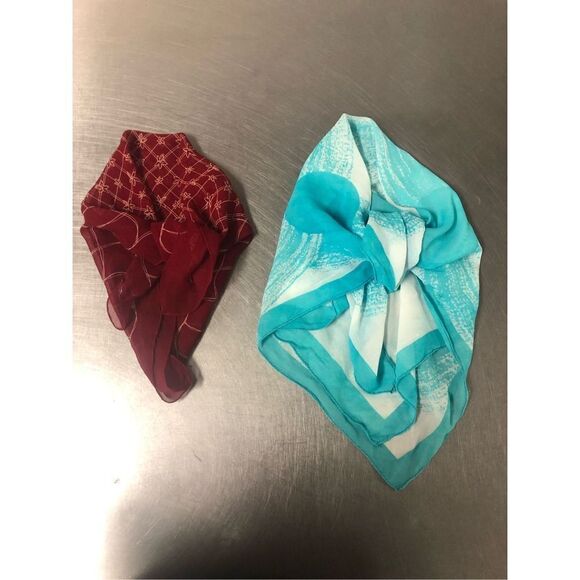 Two Women’s Small Red Floral Design and White Blue Circle Design Box Scarf Bundl - Picture 1 of 7